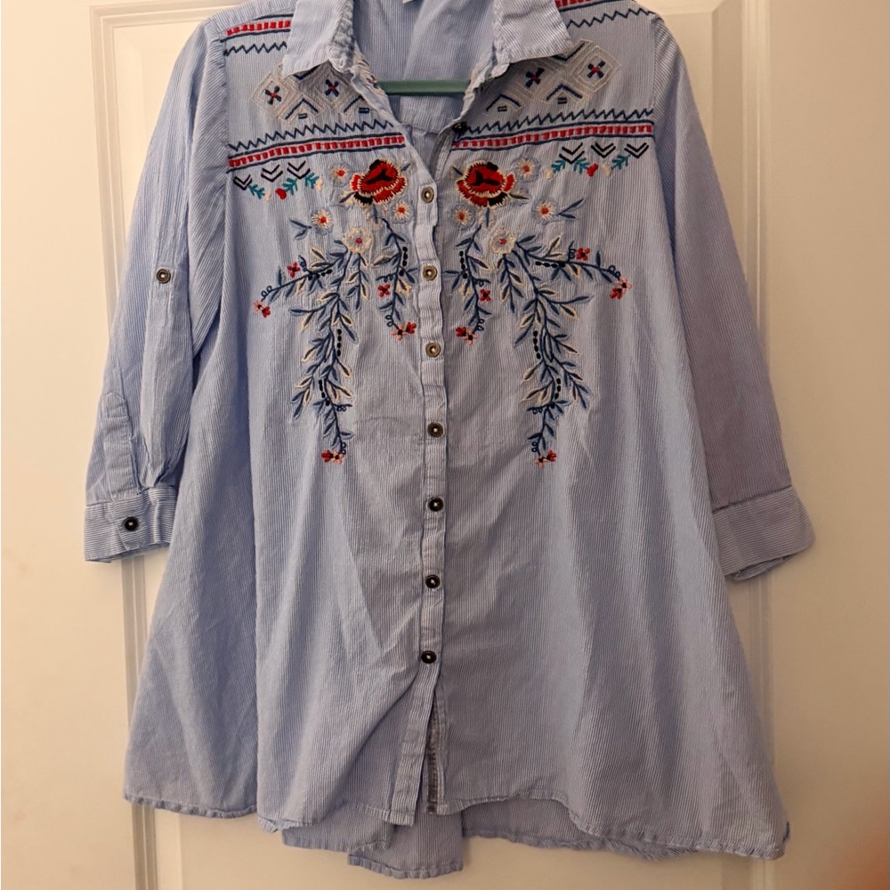 Coldwater Creek Striped Embroidered Shirt